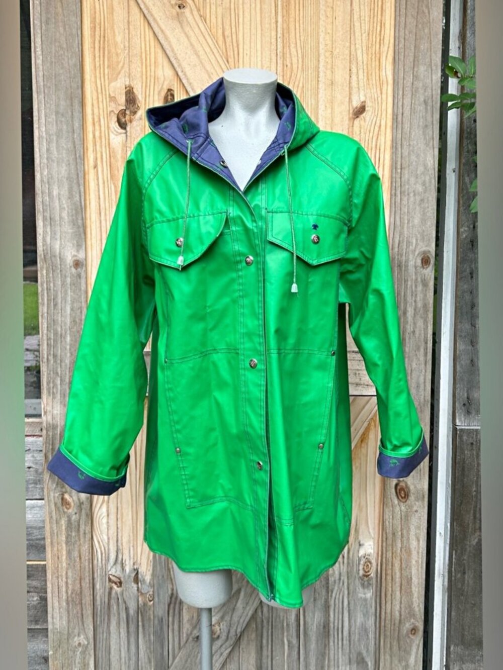 Vintage Lot One Kelley Green PVC Whales Hooded Raincoat~XL~